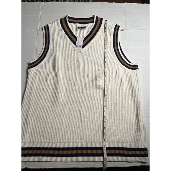 NWT-Club Room mens White Knit Cotton Sweater Vest XL With Striped Trim V-Neck - Picture 9 of 9